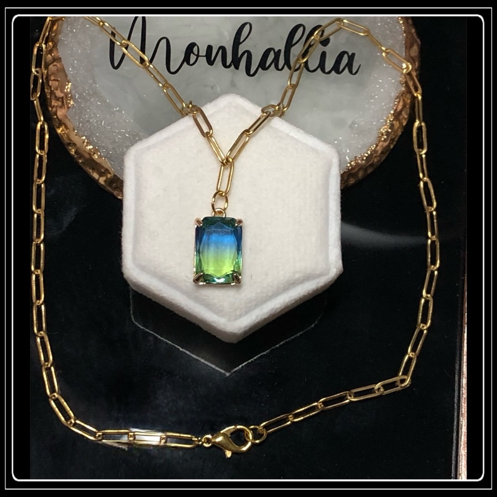 14k Gold Steel Emerald Cut Ombre Square Blue Topaz Tourmaline Paperclip Necklace - Picture 3 of 5